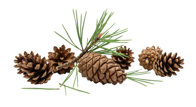 Group of Pine Cones and Pine Needles on White Background.