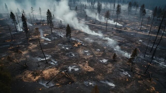 Aerial view of a deforested area with smoking ground demonstrating ecological disaster or forest fire aftermath, drone footage