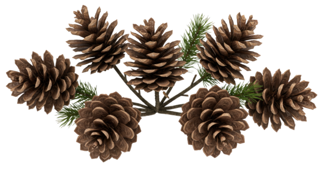 Group of Pine Cones with Green Pine Needles on White Background.