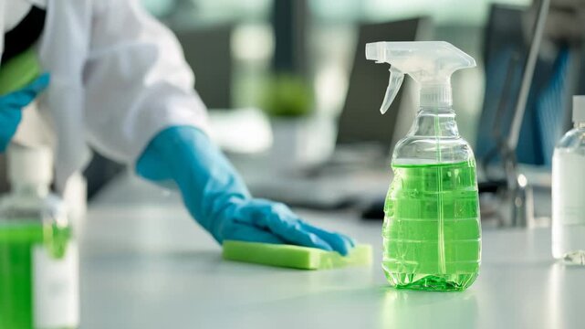Ecofriendly cleaner applying green cleaning solutions to sanitize workstations promoting sustainable office hygiene.