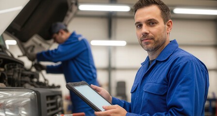 Mechanic holding tablet with coworker working on car engine in auto repair shop with bright lighting