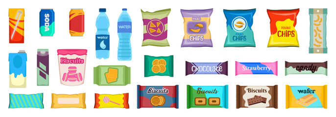 Vending products. Beverages and snack plastic package, fast food snack packs, biscuit sandwich. Drinks water juice flat vector cracker chips and snacking junk bar icons