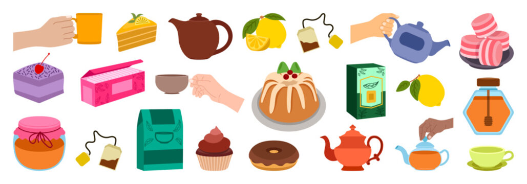 Tea time. Lovely girl holding mug of hot drink, sweet desserts, cookies and cakes on cute cozy dishes, ceramic cups and teapots, breakfast elements,cozy autumn mood tidy vector cartoon set