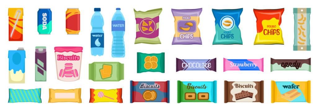 Vending products. Beverages and snack plastic package, fast food snack packs, biscuit sandwich. Drinks water juice flat vector cracker chips and snacking junk bar icons