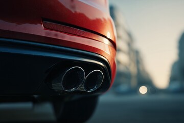 Zoomed in Closeup of Tailpipe (Exhaust Pipe) on Red  Car For Vehicle Emissions Web Blog Graphic Generative Illustration