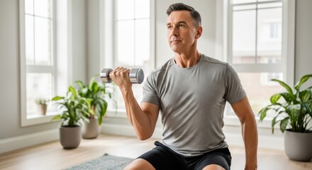 A man in gray shirt curls a dumbbell in a bright room with plants and windows during a workout session