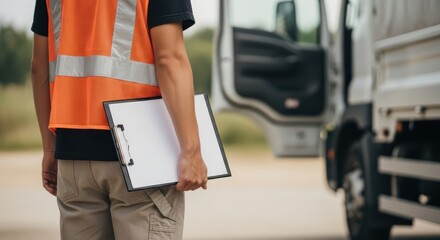 Man with clipboard standing near truck wearing safety vest preparing for delivery or inspection task