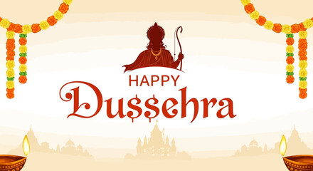 Fototapeta premium Celebrate the triumph of good over evil with vibrant Dussehra greetings featuring Lord Rama and festive decorations