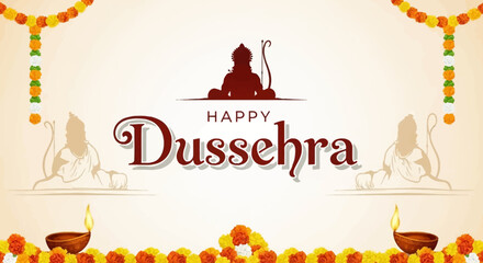 Celebrate Dussehra with vibrant floral garlands, auspicious diyas, and iconic depictions of Lord Rama for a joyous festival greeting