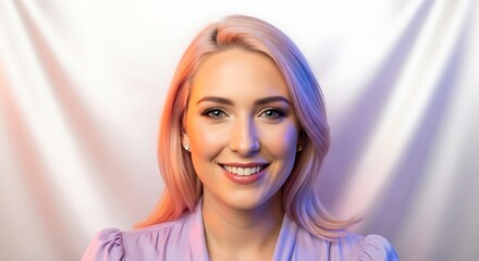 Fototapeta premium Smiling woman with pastel pink hair, light makeup, lilac blouse, isolated on satin white background
