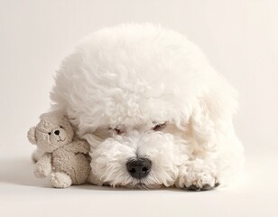 くまのぬいぐるみと一緒におやすみなさい。ぐっすり眠るビションフリーぜ