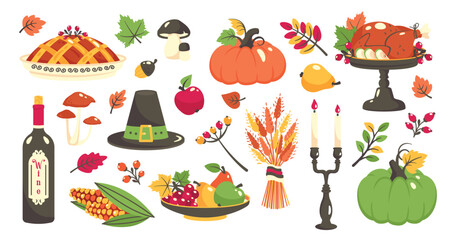 Thanksgiving icon set. Thanksgiving food, autumn harvest. Traditional turkey, pumpkins, Thanksgiving dessert, corn, wine, fruits. Family holiday. Vector illustration for greeting card, stickers, print