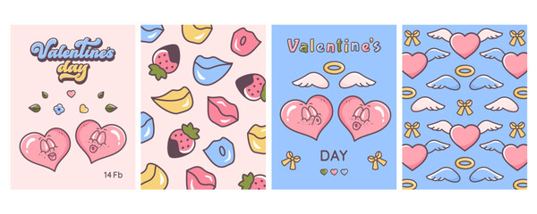 Valentine posters set. Happy Valentine's day. Groovy hippie love. Retro valentine cards in 60s 70s cartoon style. Couple of cute hearts, cupid arrow, kisses, strawberry in chocolate. Vector