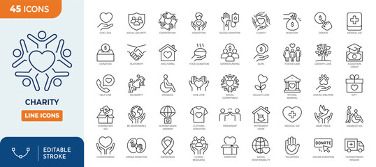 Charity line editable icon set. featuring  support, giving, heart, volunteer, kindness, and more . thin linear illustration.