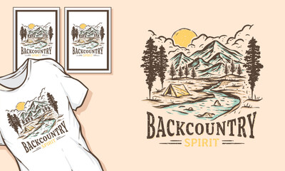 wilderness illustration river graphic camping design forest vintage tent badge fire outdoor t shirt and poster adventure