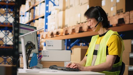Call center employee assisting customers in a fulfillment center, handling inventory control and...