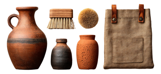 Rustic Pottery and Tools on Transparent Background for Artistic Use and Design