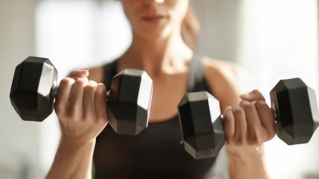 Close up of a determined woman exercising with dumbbells, emphasizing strength and dedication. Perfect image for fitness, wellness, and active lifestyle themes in contemporary settings