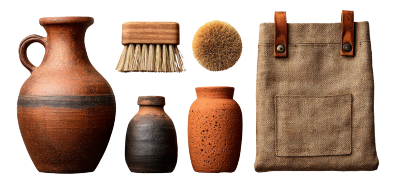 Rustic Pottery and Tools on Transparent Background for Artistic Use and Design