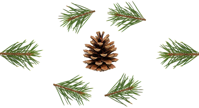 Pine cone and needles arranged in a circular pattern.