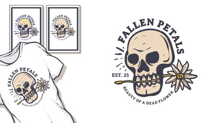 A vintage style logo featuring a skull biting a flower with the text Fallen Petals. It's presented on a t-shirt mockup and framed prints.
