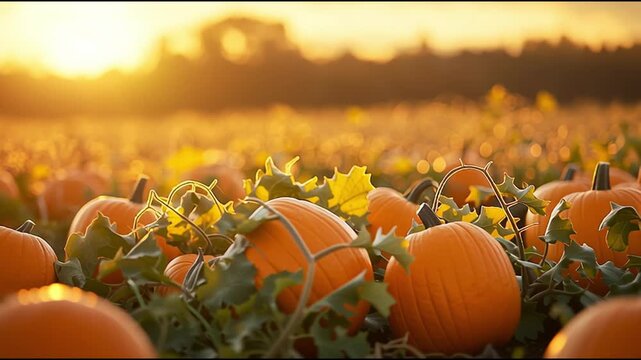 Beautiful autumn sunset over a pumpkin patch surrounded by vibrant greenery and glowing orange pumpkins