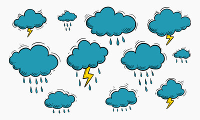 A collection of hand drawn cartoon clouds depicting rain and lightning various sizes and styles.