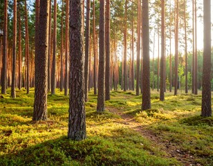 Fototapeta premium Sunlight filtering through a dense pine forest
