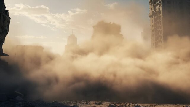Desert city destroyed by severe earthquake with buildings collapsing and dust cloud, natural disaster apocalyptic scene footage