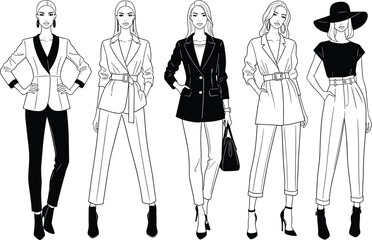 Fashion illustration set, women in blazers, high-waisted pants, stylish accessories, black and white sketch, modern outfit vector design