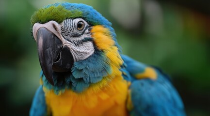 Fototapeta premium Colorful Blue and yellow macaw parrot close up portrait. Exotic tropical bird with vibrant blue and yellow feathers in nature