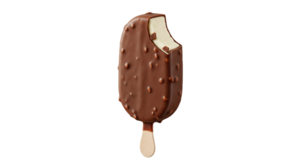 Delicious Bitten Ice Cream Bar with Crunchy Chocolate Coating and Nuts, Revealing Creamy Vanilla Ice Cream on a Stick, Isolated on a Pure White Background for Refreshing Summer Dessert Appeal