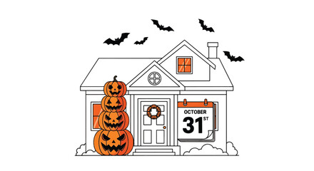 A simple line drawing of a house decorated for Halloween with carved pumpkins and bats on a white background.