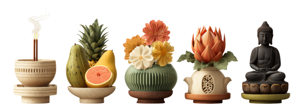 Vibrant Collection of Decorative Objects Featuring Fruits, Flowers and Buddha