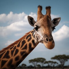 Fototapeta premium Giraffe head and long neck details against a blue sky with clouds and acacia trees in the African savanna