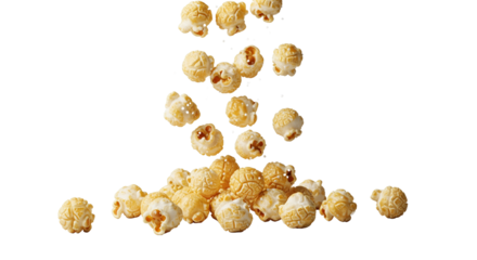 Delicious sweet popcorn kernels falling and piling up on a clean white background, creating a dynamic, isolated shot perfect for snack food concepts, movie nights, or sweet treat advertisements w