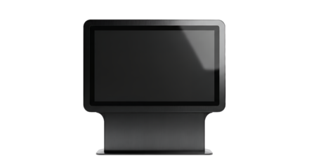 Digital display screen with a blank dark screen, modern kiosk design, clean background