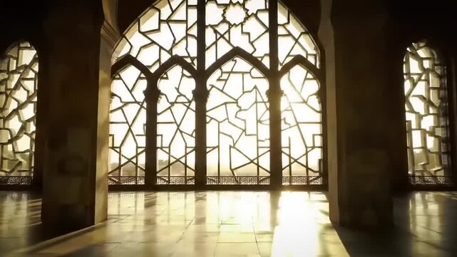 Golden sunlight streams through intricate geometric windows of an ancient architectural masterpiece