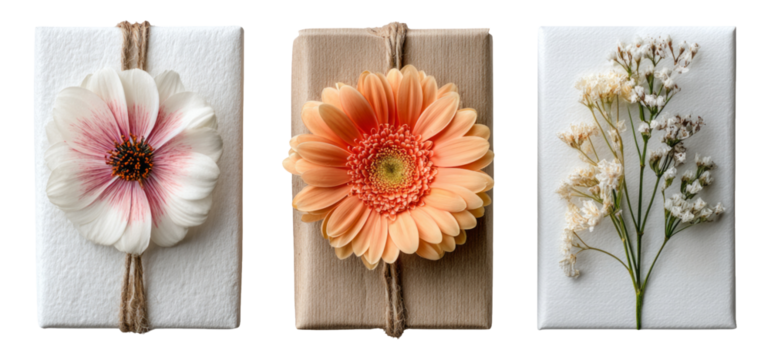 Three Elegant Gift Boxes with Flowers on Isolated Transparent Background