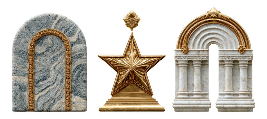 Decorative Stone and Gold Objects in Classical Shapes on Transparent Background