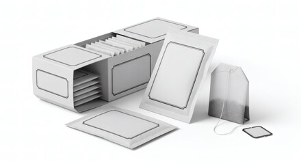 Tea and Coffee Packaging Mockup Set: Dispenser Box, Sachets, and Tea Bag