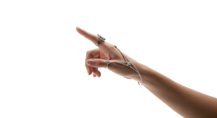 Elegant Hand Adorned with Modern Silver Jewelry, Including Rings and a Linked Bracelet, Pointing Upwards on a Clean White Studio Background, Showcasing Luxury Fashion Accessories and Stylish Pres
