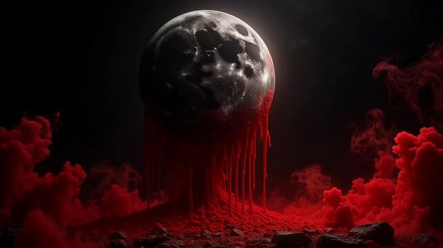 Dramatic blood moon rising in apocalyptic landscape with red smoke swirling, a scene of intense otherworldly mystery and foreboding darkness