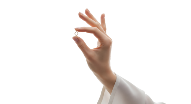 Elegant Hand Gently Holding a Delicate Golden Geometric Diamond-Shaped Object on a Pristine White Background, Highlighting Precision, Craftsmanship, and Luxury with Ample Copy Space