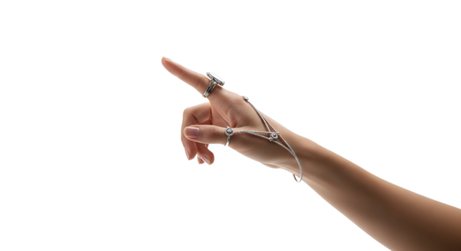 Elegant Hand Adorned with Modern Silver Jewelry, Including Rings and a Linked Bracelet, Pointing Upwards on a Clean White Studio Background, Showcasing Luxury Fashion Accessories and Stylish Pres