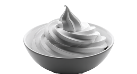 Elegant Swirl of Creamy White Soft Serve Dessert in a Simple Bowl, Isolated on a Pristine Bright White Background for Minimalist Food Photography and Refreshing Culinary Concepts