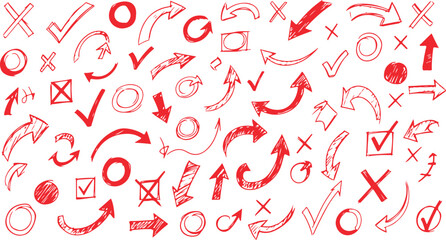 Collection of red hand drawn arrows checkmarks circles and x marks on white background
