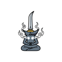 focused on main subject meditation statue with sword details.