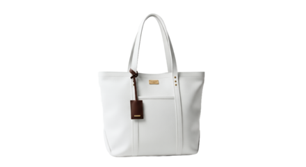 Elegant White Leather Tote Bag with Brown Accents and Gold Hardware, a Stylish and Minimalist Fashion Accessory for Retail, E-commerce, and Luxury Product Displays on a Clean Studio Background