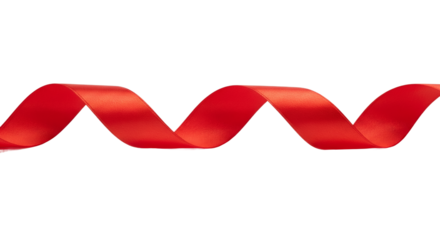 Elegant Vibrant Red Satin Ribbon Wavy and Curled on a Clean White Background, Minimalist Design Element for Festive Celebrations, Gifts, Love, Romance, and Creative Projects with Ample Copy Space